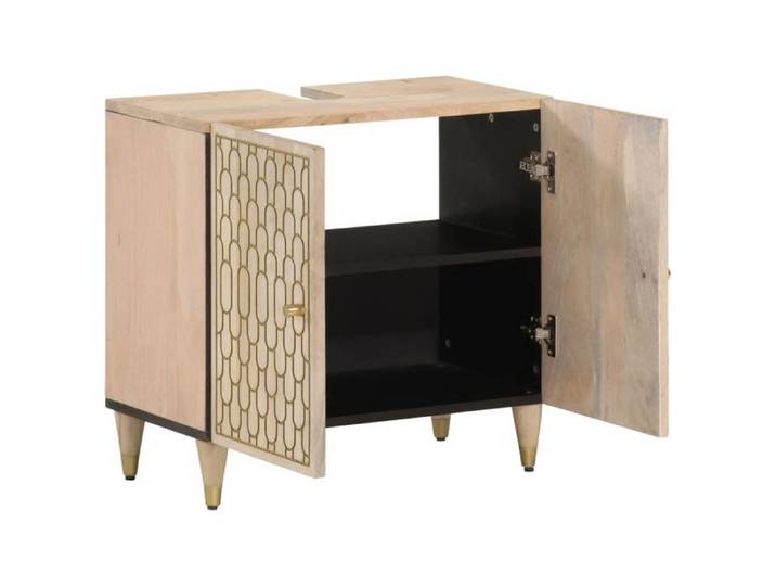 Armoire lavabo bois massif - GKO - Bois de manguier - Finition naturelle blanchie - Motif sculpté à la main