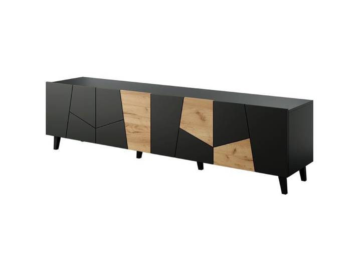 Meuble TV noir mat et chêne craft - Cama MEBLE - 4 portes - MDF - 200x42x52 cm - 3 colis - 48 kg