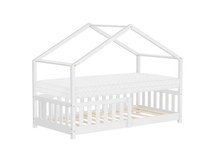 Lit cabane enfant ML-Design 80x160 cm blanc pin massif avec matelas antichute sommier Montessori