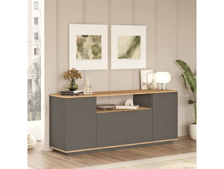 Buffet Cisliano Dmora Bois Noir Anthracite 180x45x75h cm