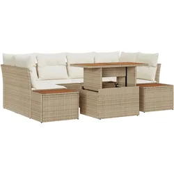 vidaXL 7-teiliges Garten-Dining-Set mit Kissen in Beige aus Polyrattan und Akazie