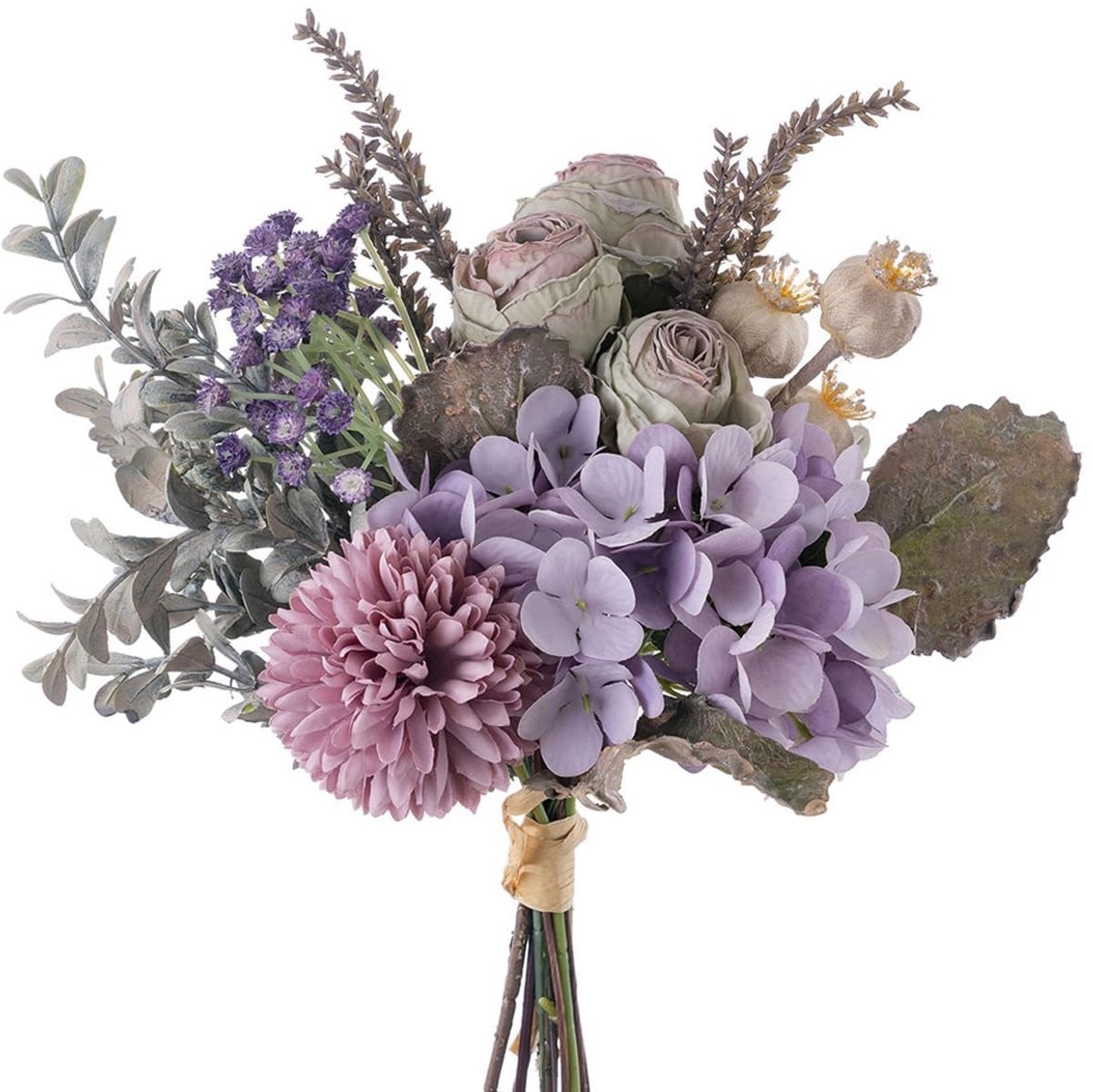 Kunstbloemen Boeket met Rozen, Hortensia's en Gipskruid - 33 cm - Zijde - Geroosterd