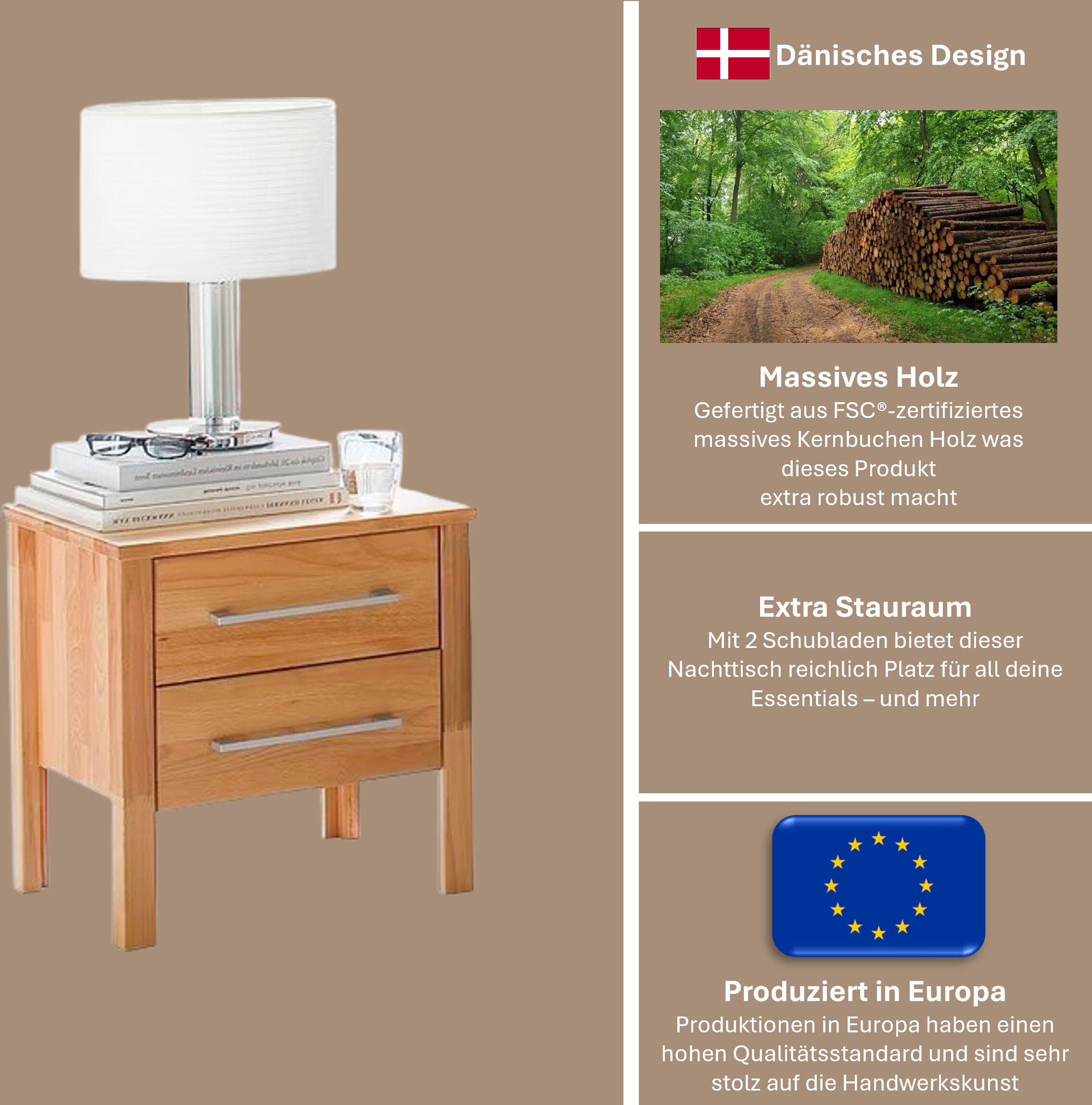 Nachtkonsole HOME AFFAIRE "Modesty Nachtkonsole, überzeugt durch sein klares, schlichtes Design", beige (naturfarben), B:45cm H:45cm T:35cm, Massivholz, Sideboards, Nachtkonsole, Massivholz, Skandinavisches Design, Robust, stabil, FSC zertifiziert naturfa