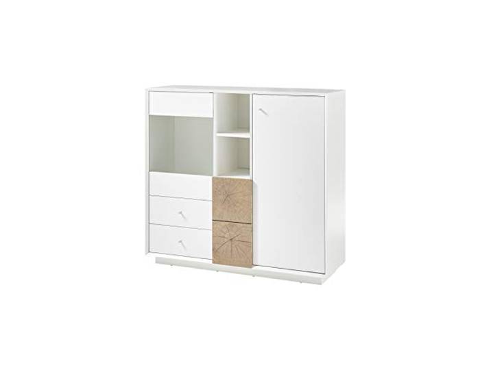 Robas Lund Wohnzimmerschrank Highboard weiß matt, Wohnzimmerschrank mit Absetzung Eiche Hirnholzoptik, BxHxT 122x113x40 cm
