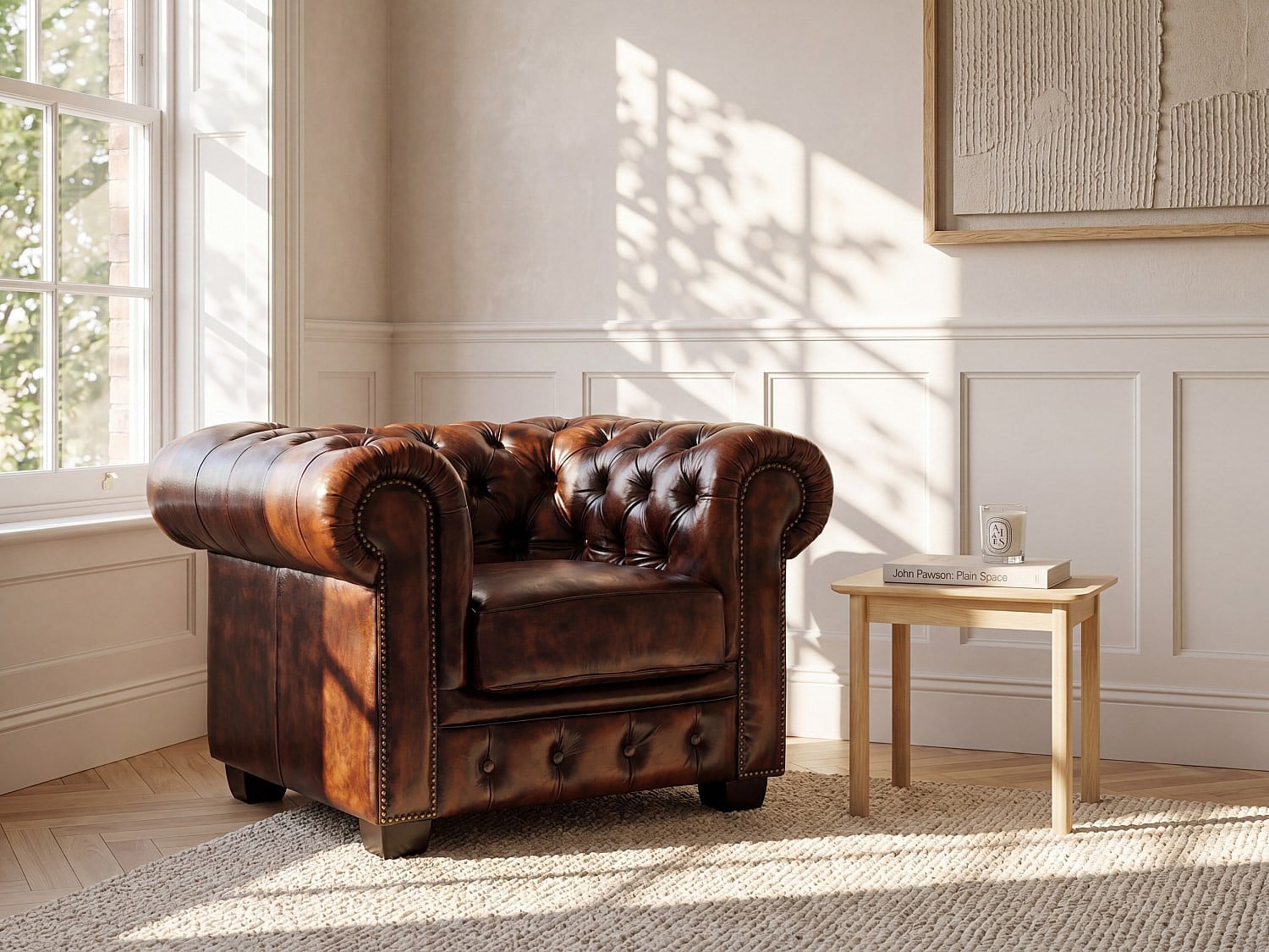 Vente-unique BRENTON Chesterfield fauteuil van 100% buffelleer in bruin tinten