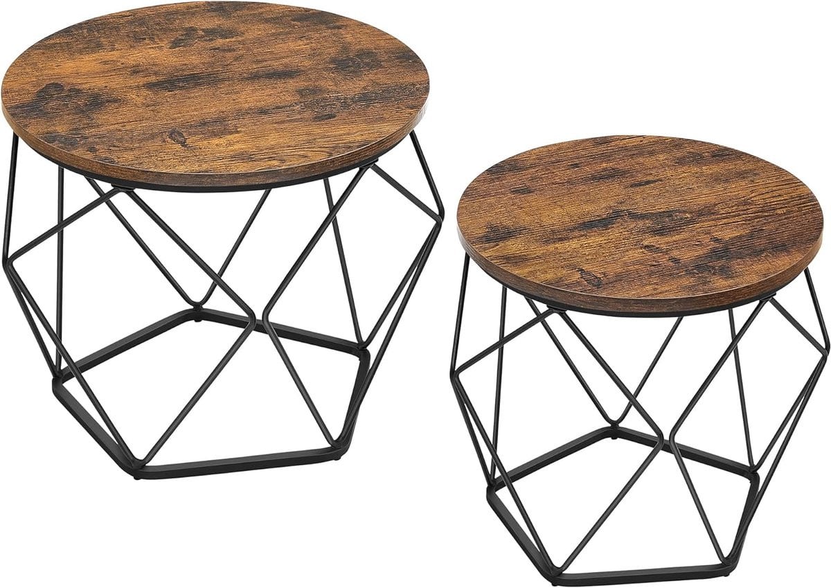 Songmics set van 2 ronde salontafels en bijzettafels, vintage bruin-inktzwart, LCT041K01