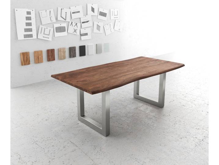Esstisch Edge 200x100 Akazie Braun Edelstahl Breit Live-Edge, Esstische, Baumkantenmöbel, Massivholzmöbel, Massivholz