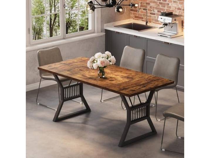Furntrastar Massiver Esstisch 180cm für 6–8 Personen – Rechteckiger Holztisch im klassisch-Farmhouse-Stil mit stabilen schwarzen Metallbeinen – Rustikaler Charme für Esszimmer
