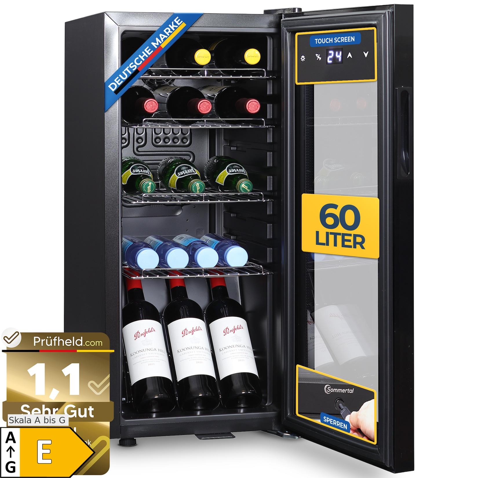Sommertal Kühlschrank GK 60– Leiser Getränkekühlschrank mit LED, Touchscreen & Schloss kleiner Flaschenkühlschrank schwarz 60L