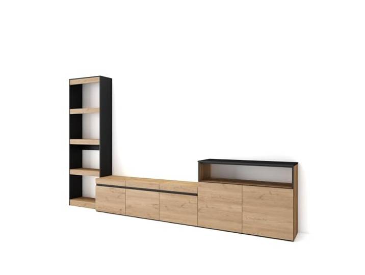Skraut Home Wohnwand Wohnzimmer Wohnzimmermöbel, Möbelset 310x186x35cm Für TV-Geräte bis zu 65 Wohnzimmer Möbel Moderner Stil Eiche Schwarz