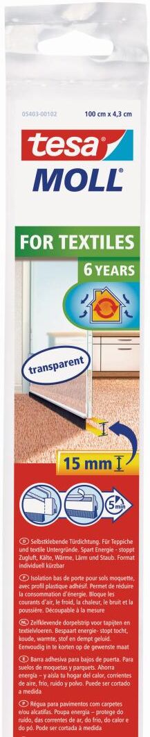tesamoll Standard Türdichtschiene für bis zu 15 mm Spalten, für Textilböden, 1 m x 43 mm, transparent