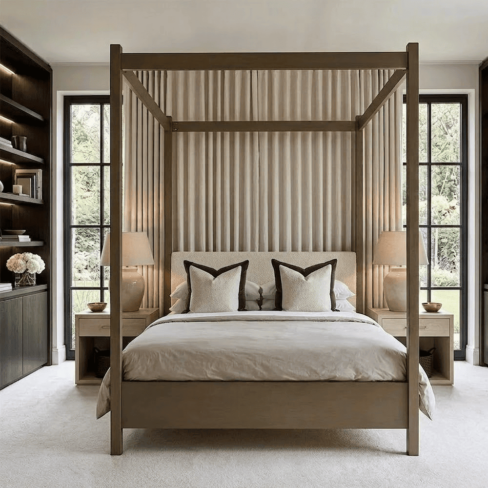 Eden Dark Taupe 4 Poster Wooden Bed with Cream Velvet Headboard, Super King