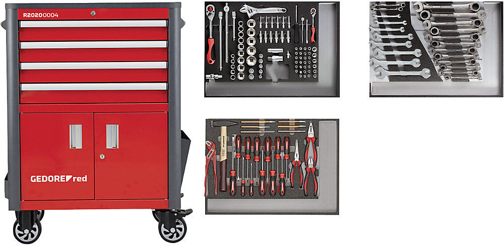 Werkstattwagen WINGMAN inkl. 129 Werkzeugen, 4 Schubladen, 129-teiliges Sortiment, HxBxT 1034 x 724 x 470 mm GEDORE