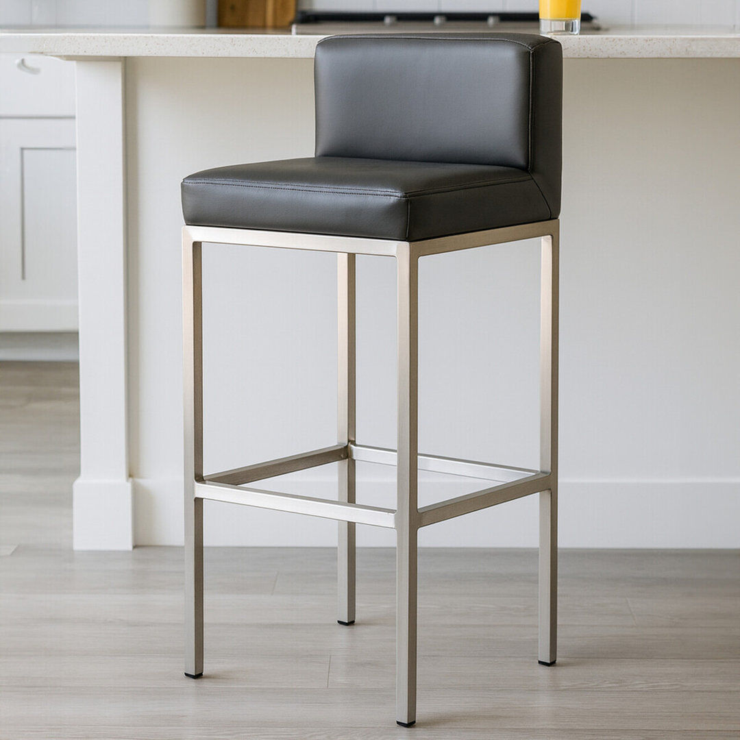 Hykkon Madeline Yes Upholstered Faux Leather Bar Stool with Stainless Steel Frame Silver/Grey 84cm H X 35cm W X 35cm D