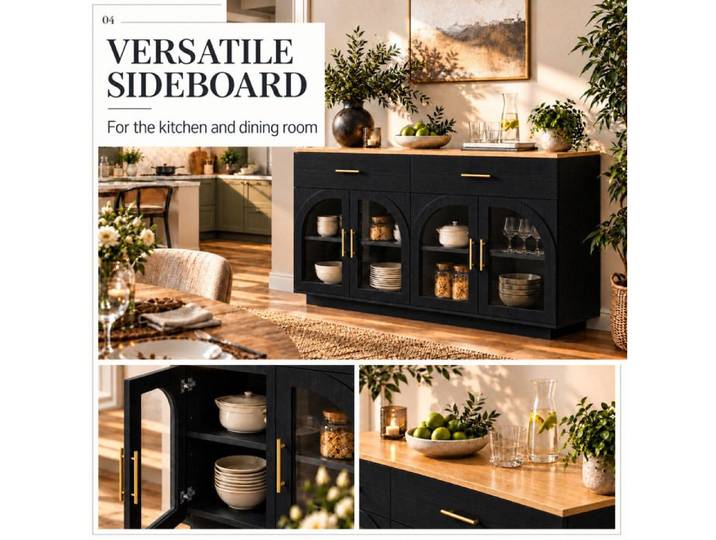 VUENOR Buffet de cuisine 147 x 40 x 86 cm noir et naturel – LED 2 tiroirs 4 portes vitrées
