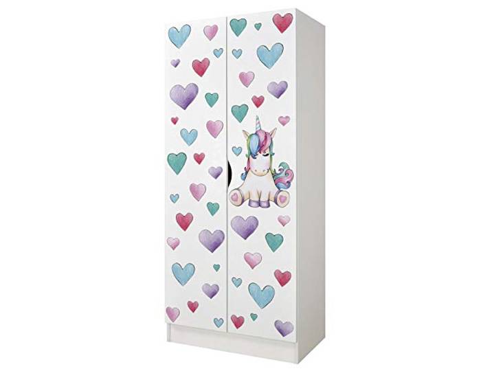 Leomark Roma Kleiderschrank 2-türig aus Holzwerkstoff, Einhorn, Weiß Maße 70x42,5x161,5 cm, 3 Fächer, Hängebereich für Kleidung, verstellbare Scharniere, abriebfester UV-Druck, sicherer Griff