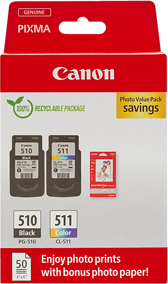 Cartucho de tinta - Canon PG-510/CL-511, 2970B017AA, 300 páginas, Incluye 50 Hojas Papel Fotográfico, Negro, Color