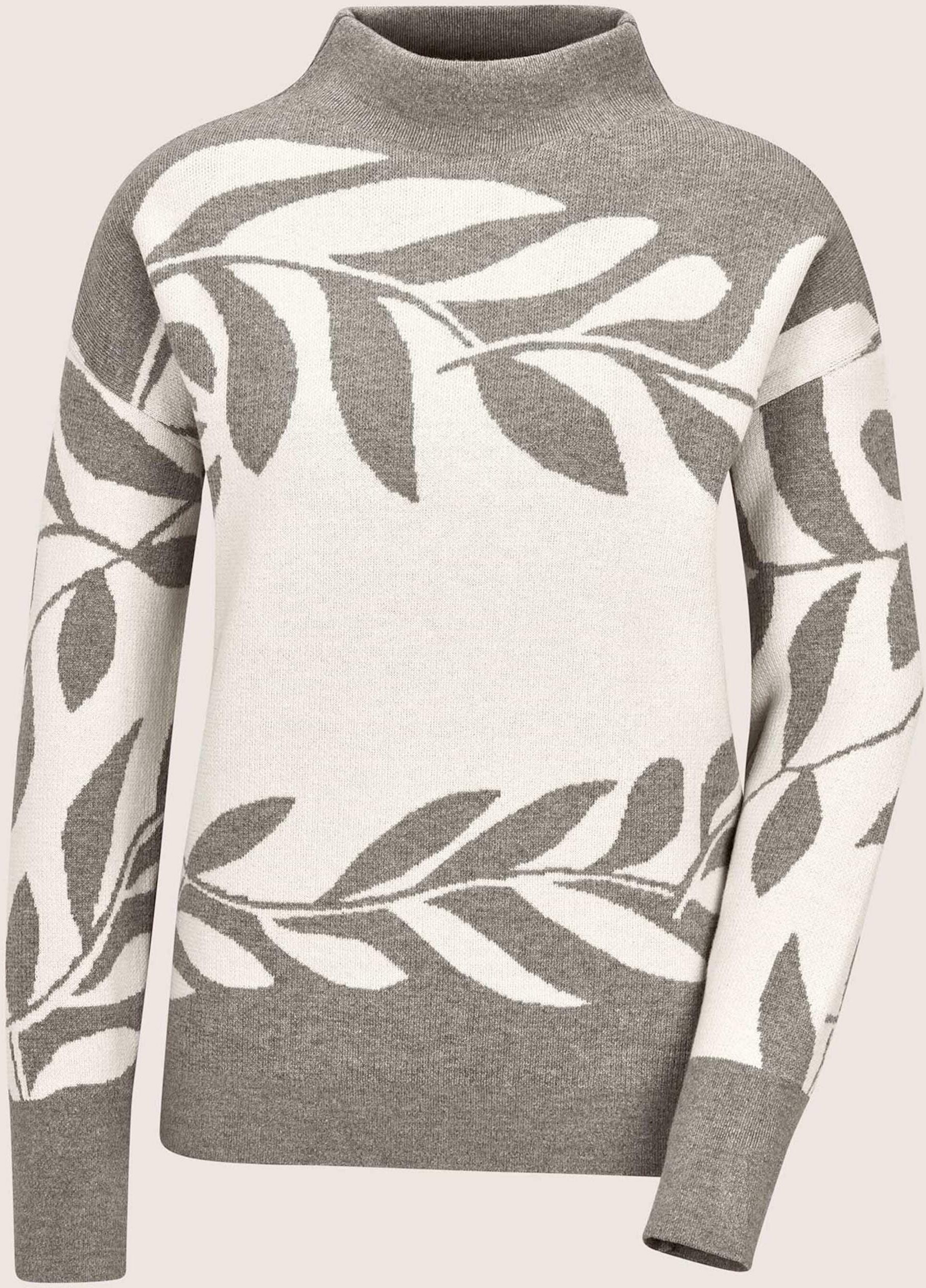 Longpullover MADELEINE "Jacquard-Pullover Moderner Winterpullover mit floralem Strickmuster", Damen, Gr. 34, grau (steingrau, melange, wollweiß), Modern, hoch geschlossener Ausschnitt, Pullover Longpullover, Jacquard