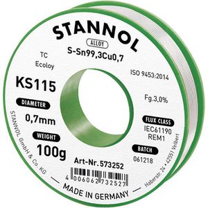 Stannol Lötzinn KS115 ROM1, Flussmittel, bleifrei, Ø 0,7mm, 99,3% Zinn, 0,7% Kupfer, 100g