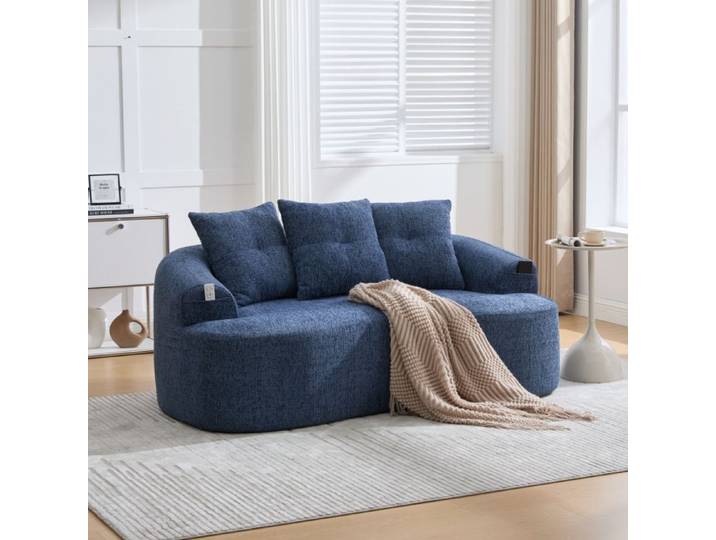 ROVRYN Canapé 2 places compressé en chenille bleue avec 3 coussins assise profonde sans montage