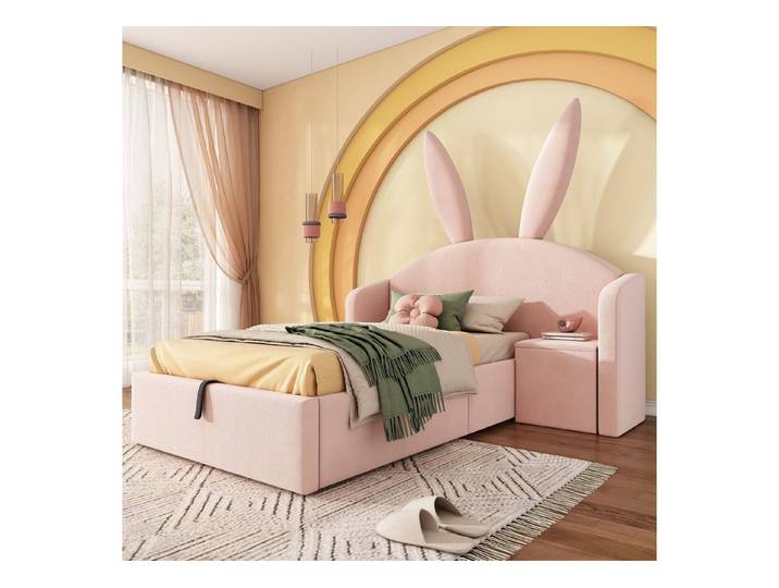 REDOM Polsterbett Samt-Kinderbett mit weichem Kopfteil (Packung, Rosa, 90x200 cm, ohne Matratze), Stauraum & Nachttisch integriert