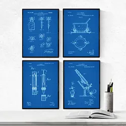 POSTER Set mit 4 Blau Apotheke Patent A4 Schwarzer Rahmen