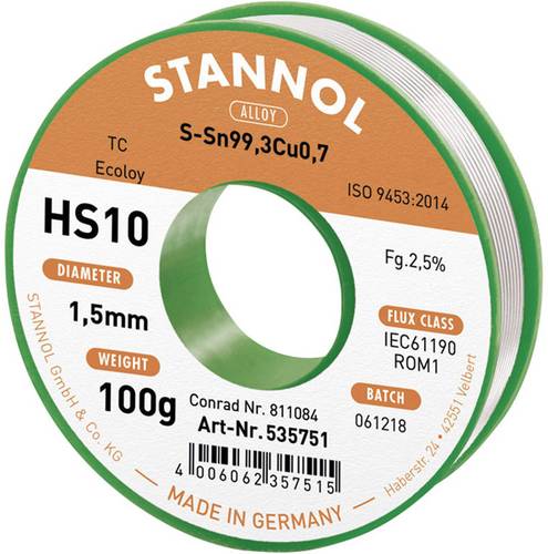 Stannol HS10 2510 Lötzinn, bleifrei Spule Sn99,3Cu0,7 ROM1 100g 1.5mm