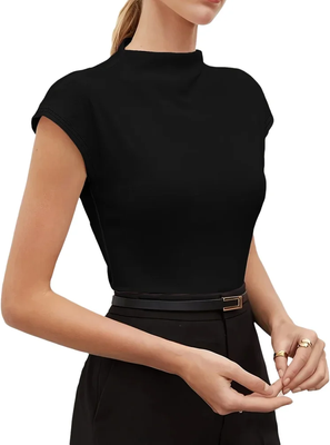Uplifted Trends Minimalist High Neck Cap Sleeve Knit Fitted Blouse Women Elegant Lightweight Summer Top black xxl