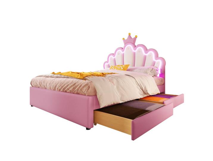 Flieks Polsterbett 140x200cm Rosa PU Fernbedienung Kronenform 2 Schubladen, Pink, Holz, 140x200 cm, Schlafzimmer, Betten, Polsterbetten