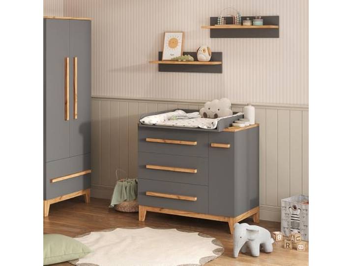 Vitalispa Wickelkommode Malia , Grau/Artisan-Eiche 98 x 98 cm mit 1 Tür & 3 Schubladen, mit Wickelauflage und abnehmbarem Aufsatz zur Reinigung