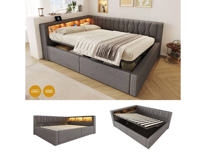 Lit de jour convertible avec rangement - 140x200 cm - Sans matelas - Rangement hydraulique relevable