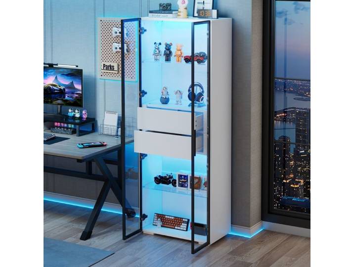 Modenuit Vitrine 60x40x160 cm avec porte verre trempé 2 tiroirs éclairage LED commandé par application MDF blanc