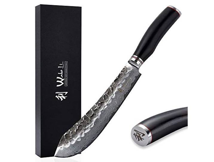 Wakoli EBO Premium Blockmesser 20 cm aus 67 Lagen Damaststahl mit VG10-Kern mit Hammerschlag, schwarzem Eichenholzgriff, 15° V-Schliff beidseitig und Geschenkbox, Küchenmesser für Fleisch und Grillgut