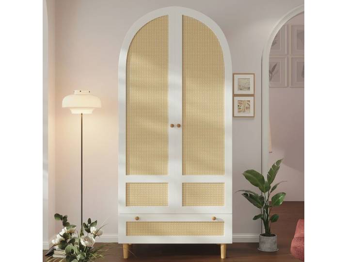 Armoire Chambre avec Tressage en Rotin Armoire Penderie avec 2 Portes et 1 Tiroirs armoire blanche avec arc Design 80x50x180 cm