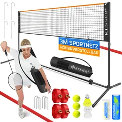 KESSER® Badmintonnetz, Tennisnetz   300cm   400cm   500 cm   Federballnetz 3-Fach-Höhenverstellbar, Set bestehend aus Netz, 3x Feder- & Tennisball, stabilem Eisen-Gestell, Transporttasche, Indoor & Outdoor
