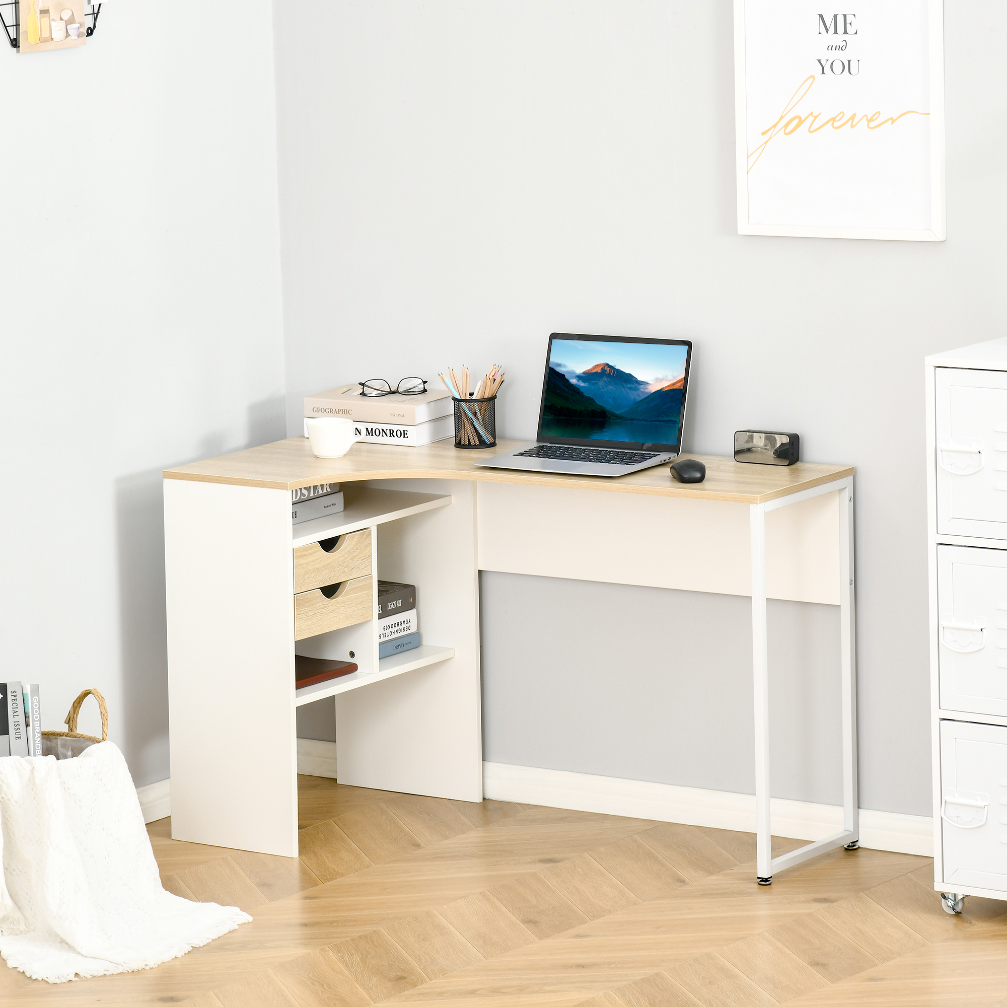 Homcom Angolo Scrivania Scrivania per Computer con Cassetti Multi-Rangement in Legno Effetto Rovere Chiaro Bianco