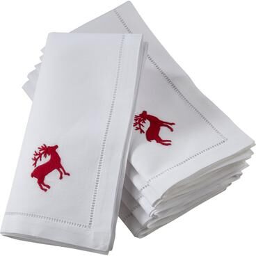 Saro Lifestyle Hemstitch Napkins With Embroidered Red Reindeer Design