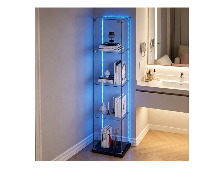 Simurq Glasvitrine Standvitrine mit Glastüren, Vitrine Glas mit LED, Vitrinenschrank (Eckglasanzeigeschrank, Sammlervitrine,Rahmenloses Design) Eckglasanzeigeschrank, Sammlervitrine, Rahmenloses Design