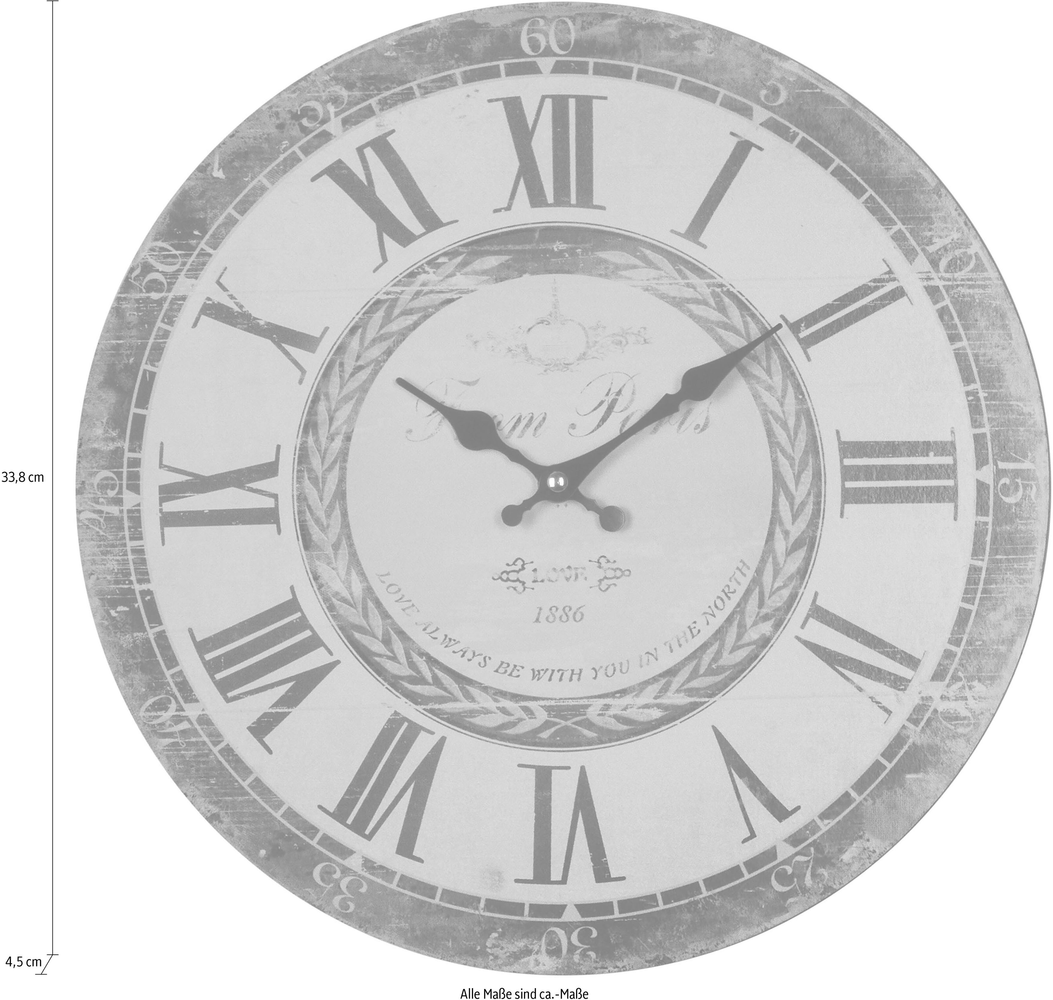 Wanduhr "Love", grau, B:33,8cm H:4,5cm T:4,5cm, MYFLAIR MÖBEL & ACCESSOIRES, Wanduhren, Wanduhr, rund, Ø 33,8 cm, römische Ziffern, dekorativ in Küche & Wohnzimmer