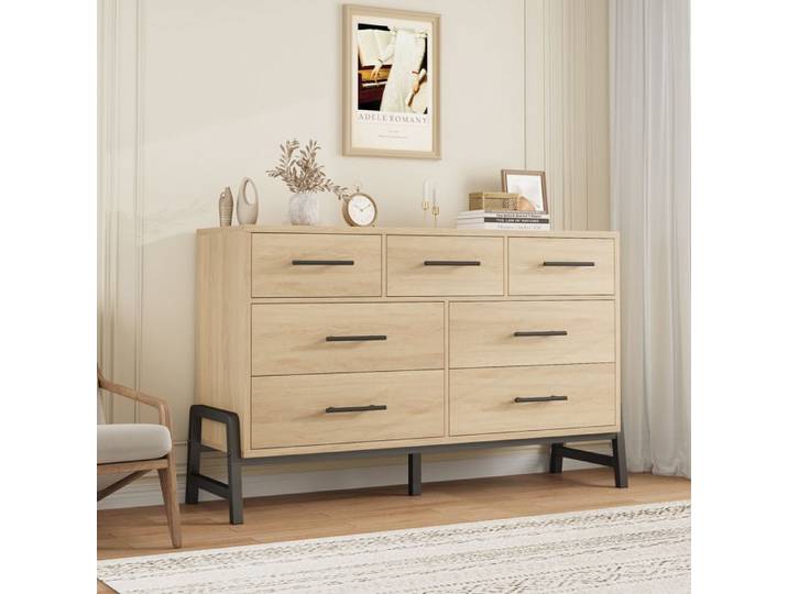 Commode de Large en Chêne Naturel Autoportante avec Tiroirs pour Salon Chambre ou Entrée Naturel