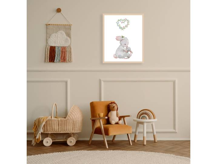 Bild mit Rahmen LÜTTENHÜTT oder Poster, Grosser Hase und Hasenkind mit Herz , bunt (farbe rahmen: beige, farbe bild(er): bunt), B:40cm H:50cm T:0,7cm, Holz, Plexiglas, Bilder, Bild mit Rahmen, HD Premium Druck