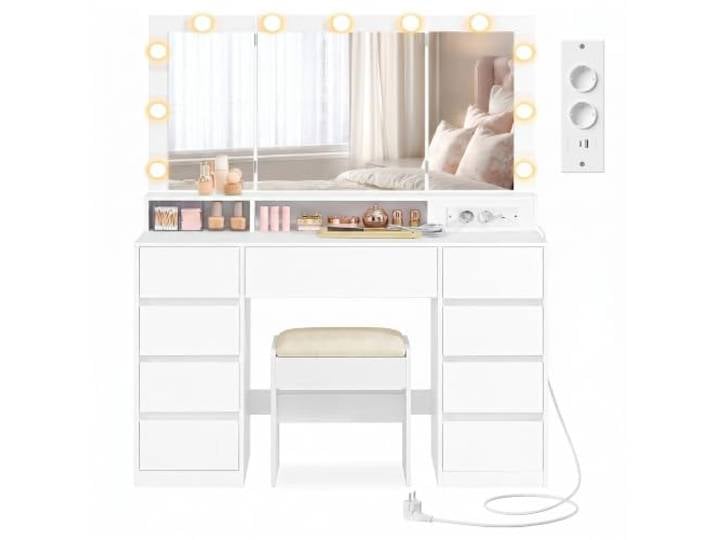 VASAGLE Schminktisch mit Beleuchtung und Hocker Set Moderner Kosmetiktisch mit Steckdose, 3 Lichtfarben, Schminkspiegel, Organizer, Weiß, KAILYN Kollektion RDT146WB01-02