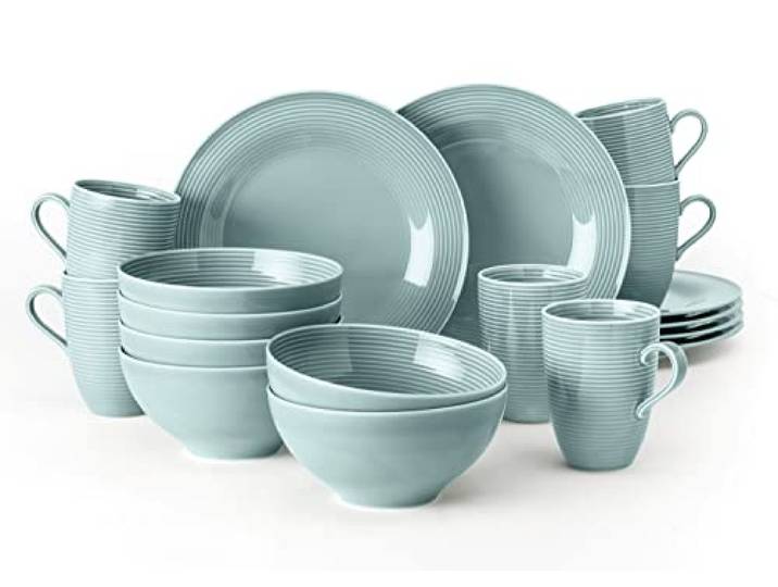 Seltmann Weiden Beat Color Glaze Frühstücksservice 18-teilig – Henkelbecher, Müslischalen und Frühstücksteller für 6 Personen – Porzellangeschirr mit Rillenrelief, Spülmaschinenfest – Arktisblau