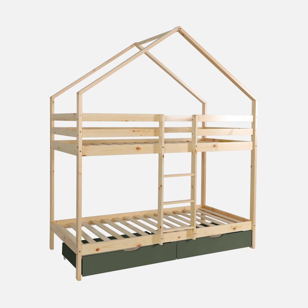 sweeek - Kinder-Etagenbett Hausbett 90 x 190 cm aus naturbelassenem Kiefernholz mit Schubkästen - Grün