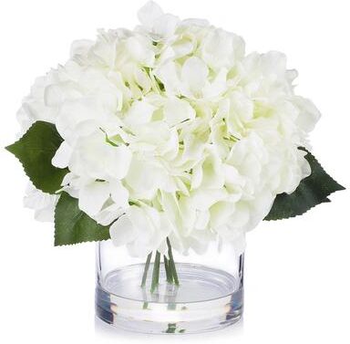 Enova Home Artificial Large Silk Hydrangea Fake Flowers Arrangement in Clear Glass Vase for Home Wedding Decoration