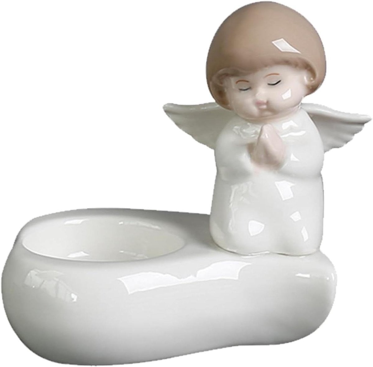 Engel theelichthouder - Keramische kandelaar - Wit - B/D/H: 14,5 x 10,5 x 11,5 cm