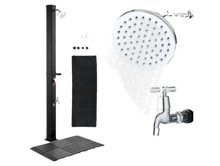 Douche solaire VEVOR 35L\, Douche de jardin 2160 mm avec plaque de sol & robinetterie à pied\, Douche de piscine avec réglage d'eau chaude et froide\, Douche de camping pour jardin\, zone de piscine\, piscine de plage\, noire