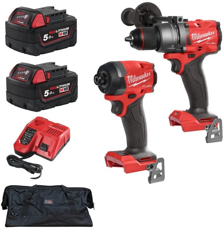 Milwaukee M18FPD3-0 18v Fuel Combi Drill & M18FID3-0 Fuel Impact Driver Kit - 2 x 5.0ah Batteries, Charger & PTM Bag