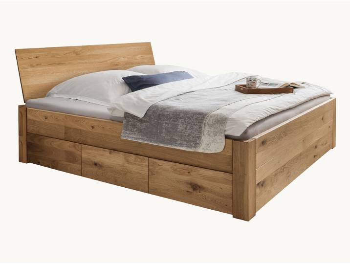 Schubkastenbett Svariata - Kernbuche geölt - Schubkasten-Variante 01 - 180x200 cm - eckig - Stoff natur