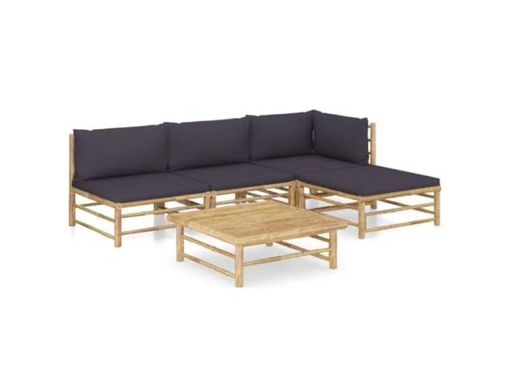 WDGJJFECNMUEHI Bambou robuste lavable Salon modulable Gris 37.4 Salon de jardin 5 pieces bambou avec coussins gris fonce, ensemble exterieur modulaire avec table et repose-pieds, canape